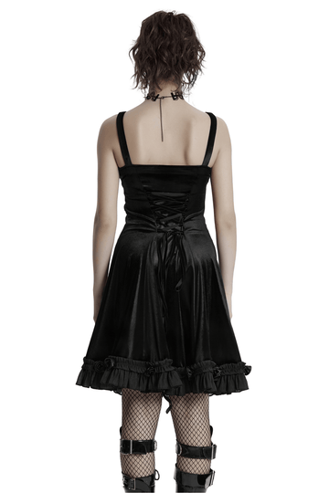 Dark Gothic Velvet Dress with Lace Trim and Frills